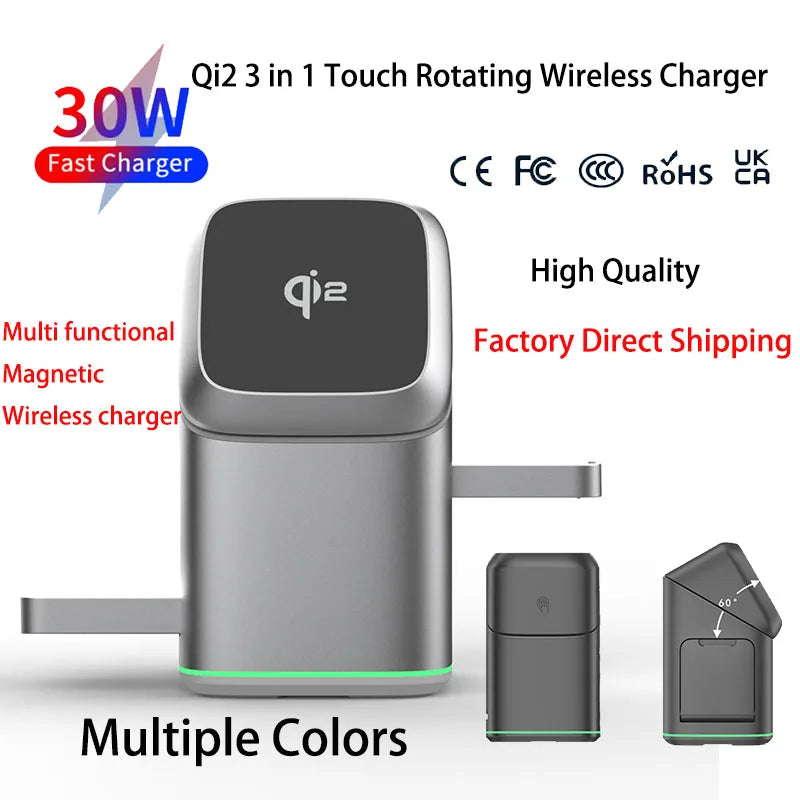 Qi2 15W 3-in-1 Magnetic Wireless Charger Stand Fast Charging For iPhone 14 15 16 17/AirPods Charger Touch Auto Rotation