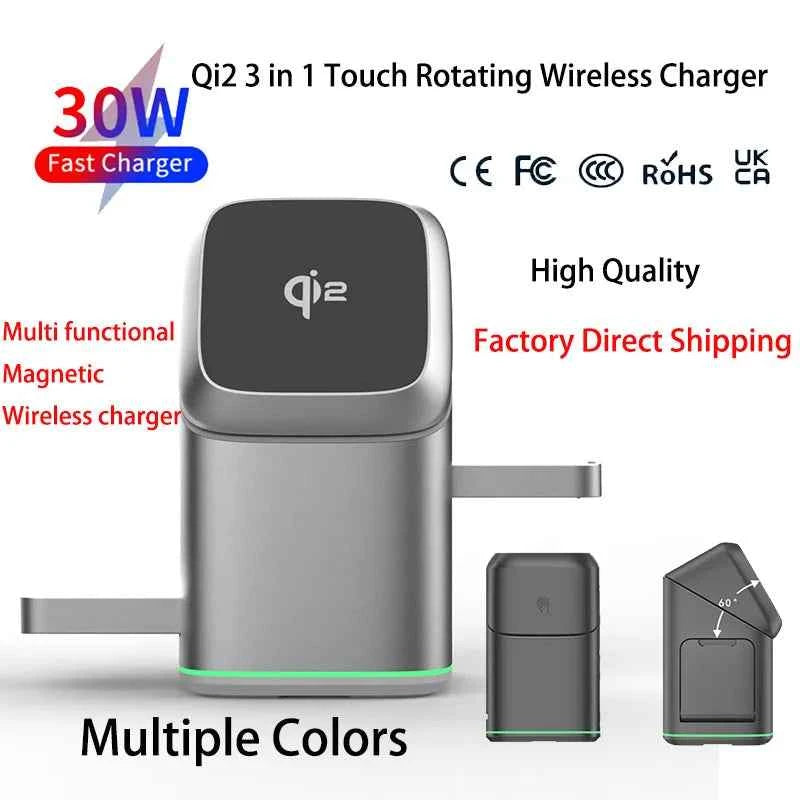 Qi2 15W 3-in-1 Magnetic Wireless Charger Stand Fast Charging For iPhone 14 15 16 17/AirPods Charger Touch Auto Rotation