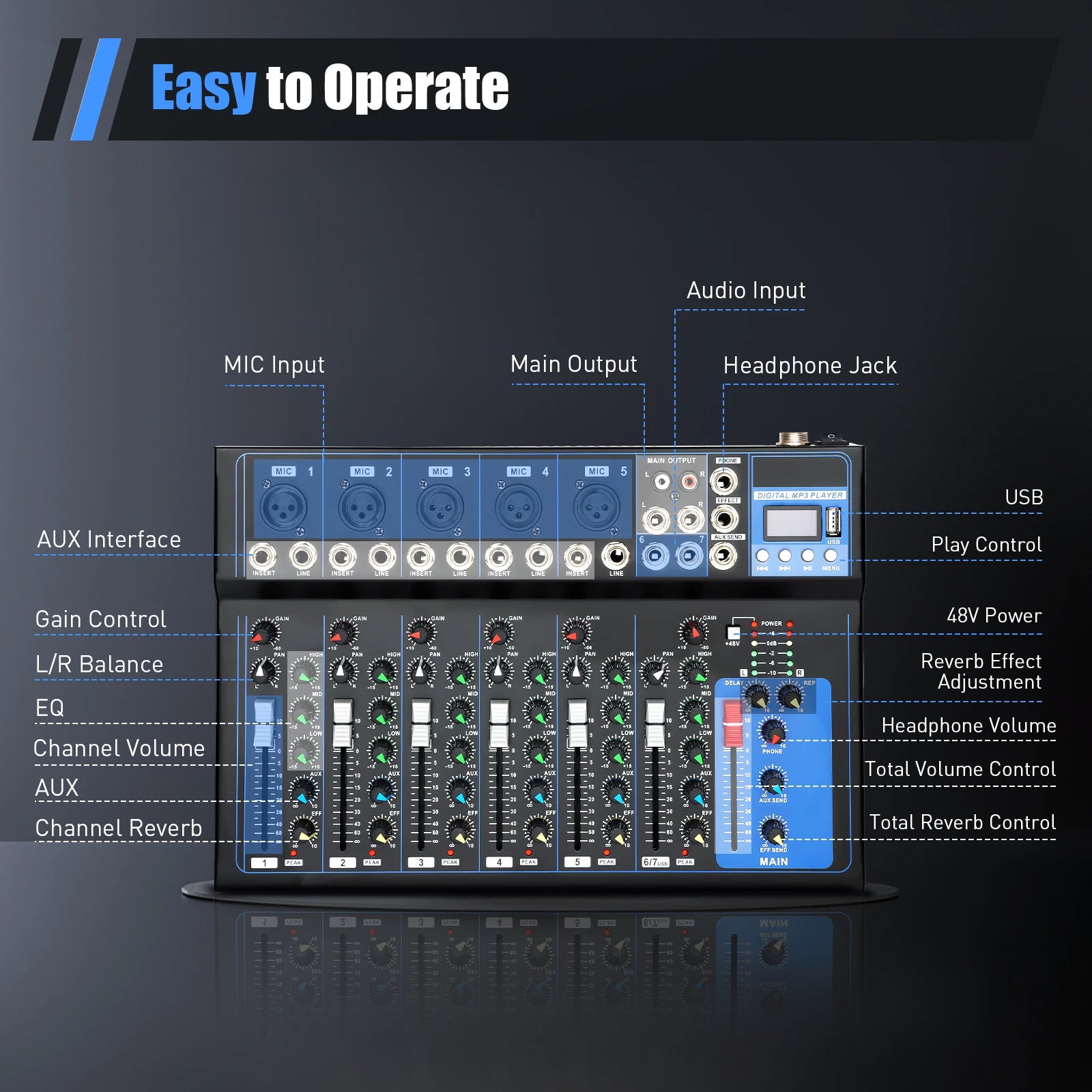 7/8-Channel Professioneller Mixer, Soundboard Konsole with Bluetooth USB PC Recording Input XLR Microphone Jack