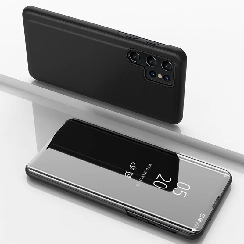 Smart Clear View Mirror Flip Case For Samsung Galaxy A16 A26 A36 A56 A55 A35 A15 A54 S22 S23 FE S24 Ultra Plus S25 Edge PU Cover