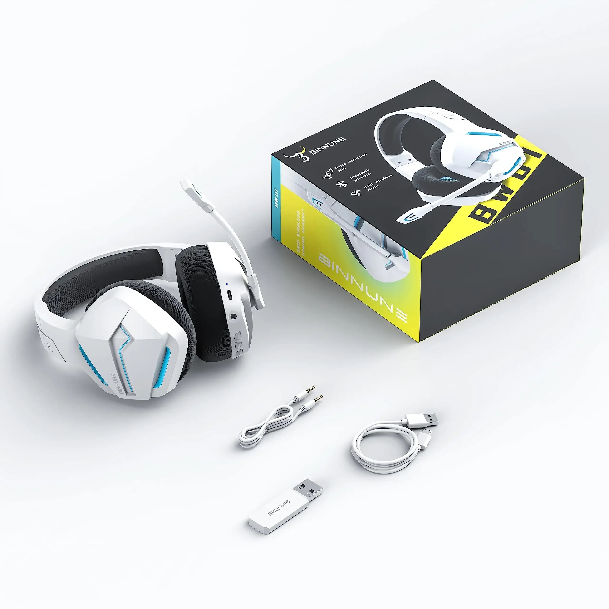 BINNUNE BW01 Wireless Gaming Headset with Mic for PC PS4 PS5 2.4G Bluetooth USB Gamer Headphones with Mic for Laptop Computer