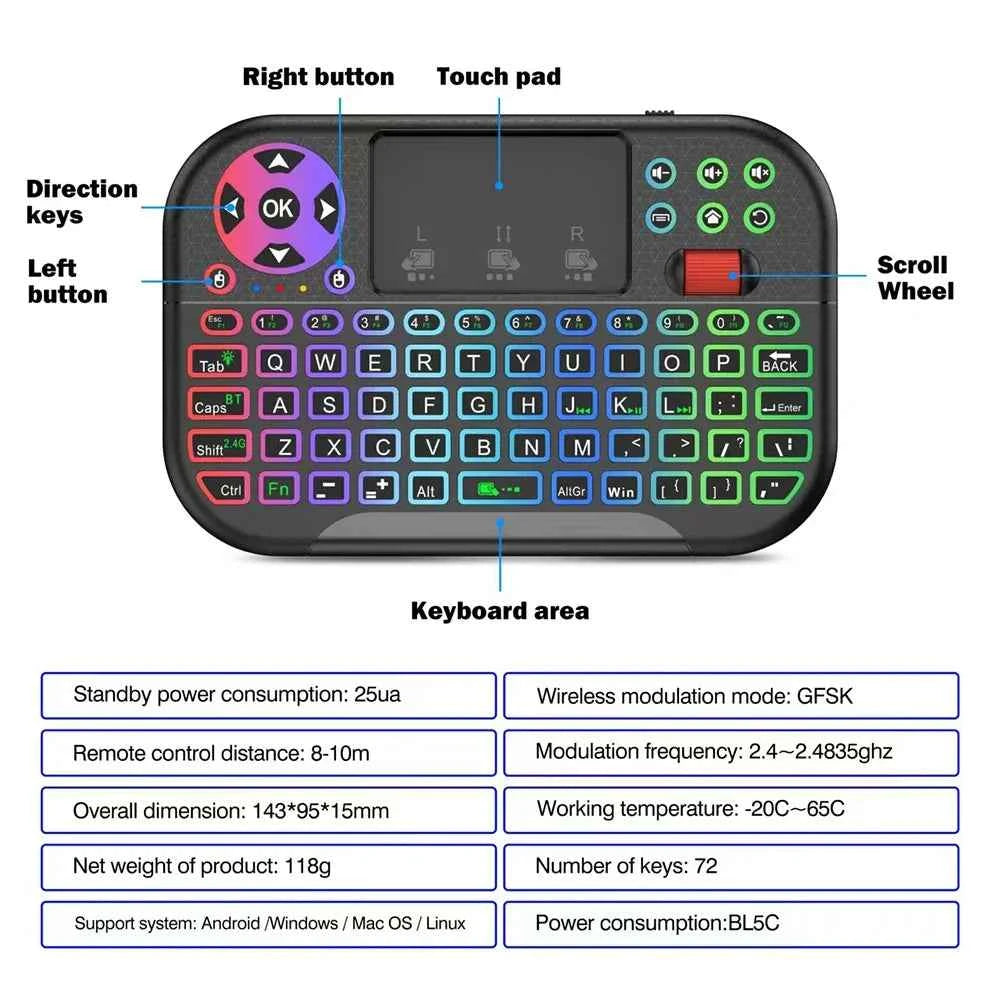KEBIDUMEI Mini Wireless Keyboard with Scroll Wheel Touchpad  8 Color Backlit BT 2.4G Dual Mode Air Mouse Remote for PC TV Box