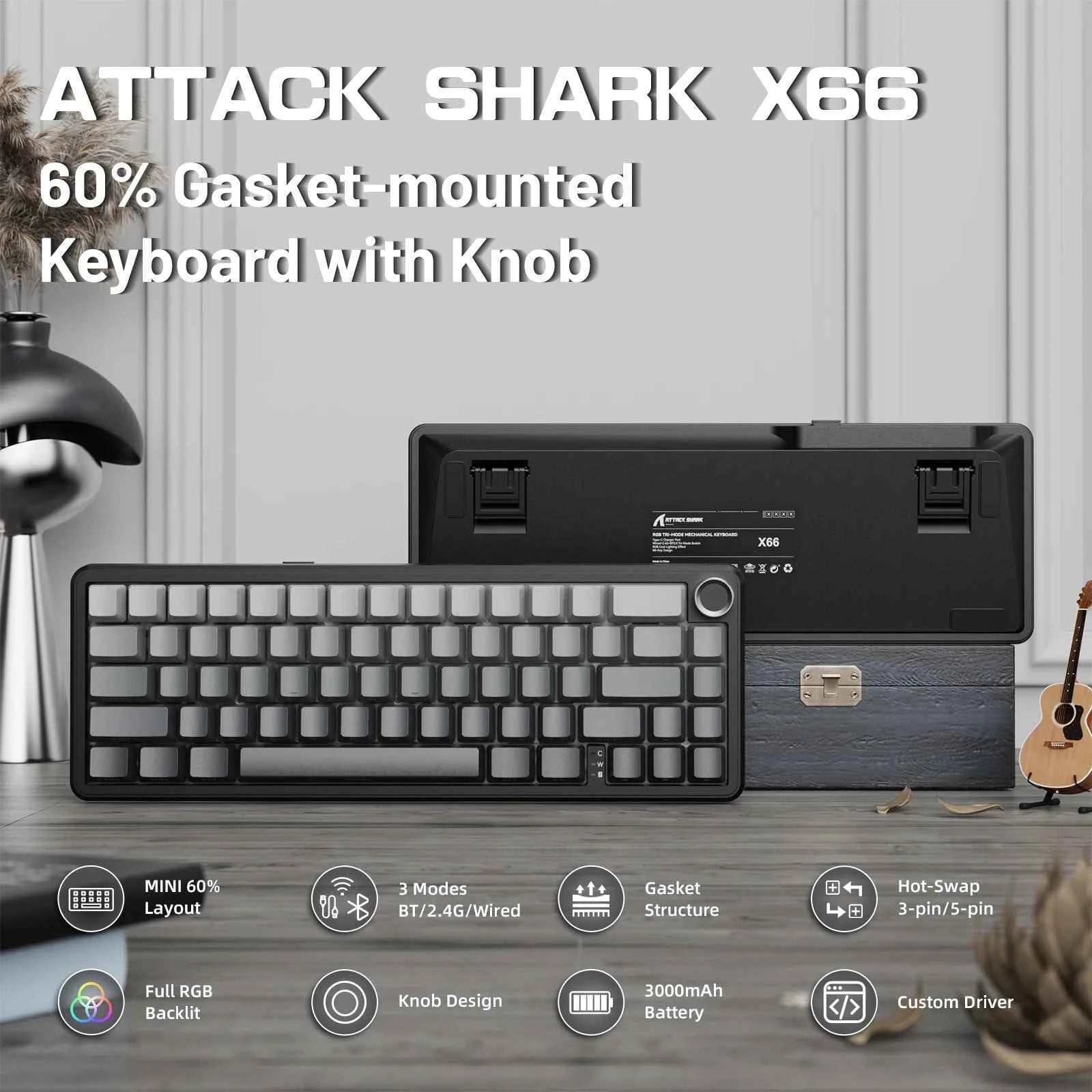 ATTACK SHARK X66 60% Wireless Mechanical Gaming Keyboard with Knob,3-Mode Gasket Hot Swappable Custom Keyboard with Coiled Cable