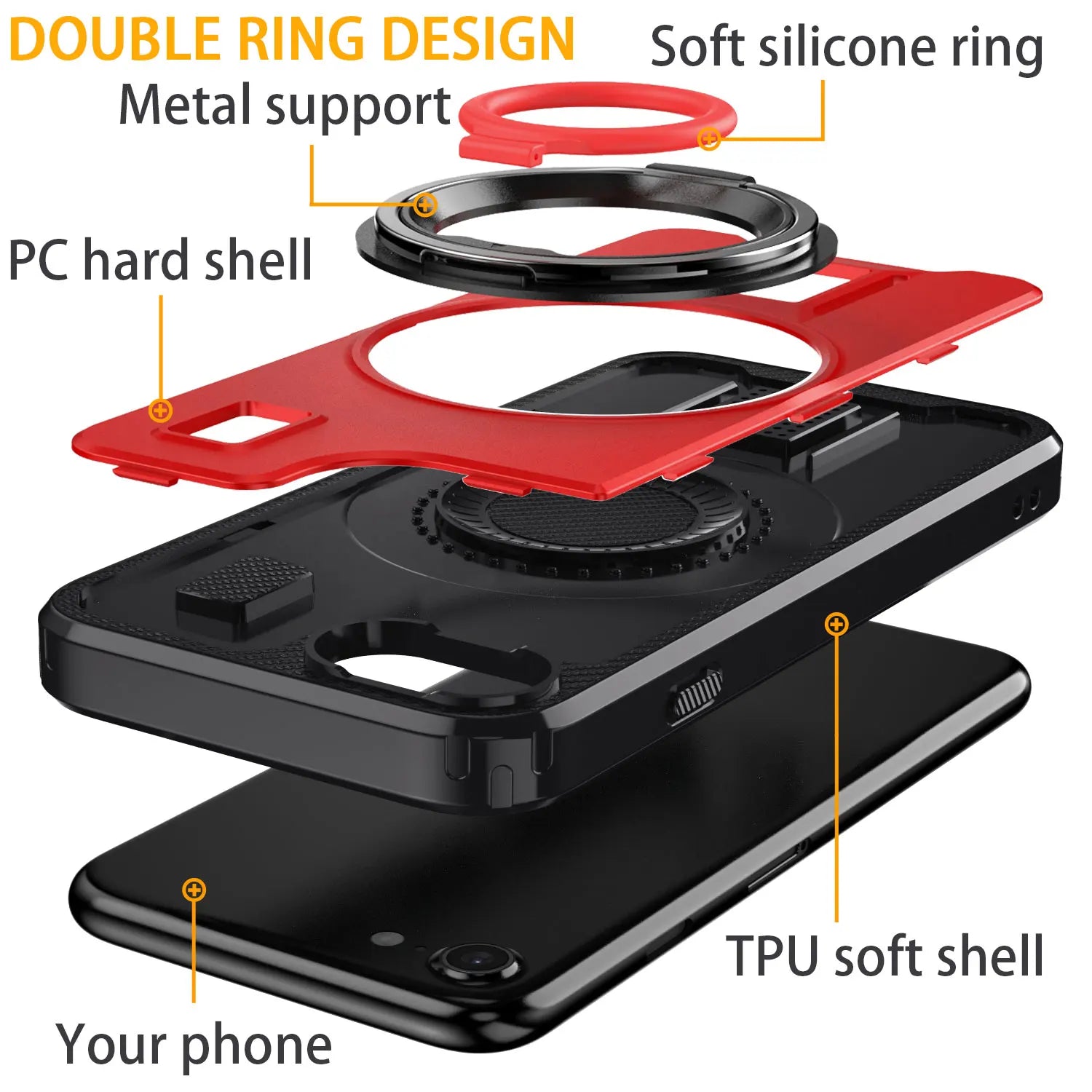 For iPhone SE 2020 iPhone SE 2022 SE 2nd 3rd Case Hybrid Shockproof Double Ring Kickstand Stand Rugged Phone Hard Slim Cover Red