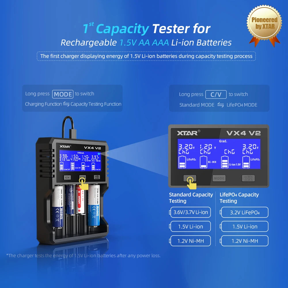 XTAR VX4 V2 18650 Battery Charger AA/AAA Li-ion LiFePO4 Ni-MH Rechargeable Battery 20W Fast Charger Battery Capacity Tester