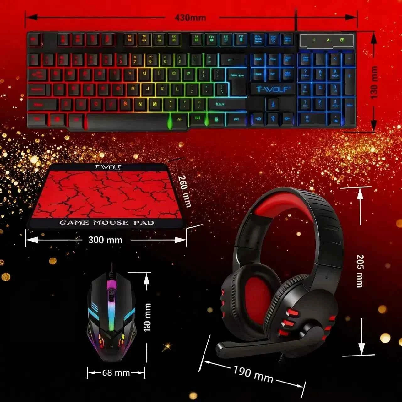 T-WOLF Thunderwolf TF880 Wired Keyboard, Mouse, Headphones and Audio Five-piece E-sports Game Enjoy Super Fast Moving Speed.