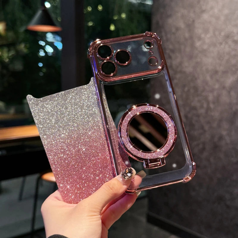 Plating Four Corner Shockproof Gradient Glitter TPU Makeup Mirror Holder Phone Case For iPhone 17 Pro Max/17/17 Pro Bumper Cover