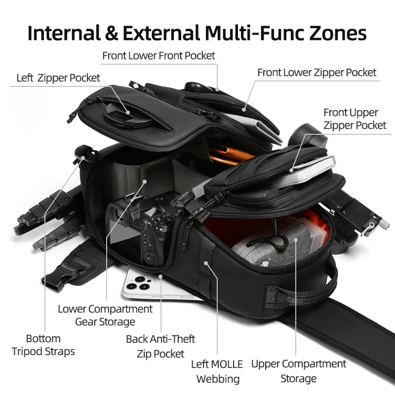 Men’s DSLR Camera Crossbody Bag – Waterproof Travel Shoulder & Chest Bag with Tripod Holder for Photography, Hiking & Outdoor Use