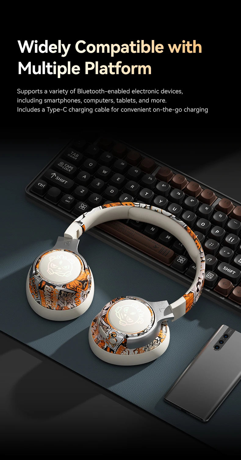 SY-T12 Graffiti LED Light Up Wireless Headphones Over Ear Foldable 3D Earpads Bluetooth 5.4 Headset For Gaming Sports