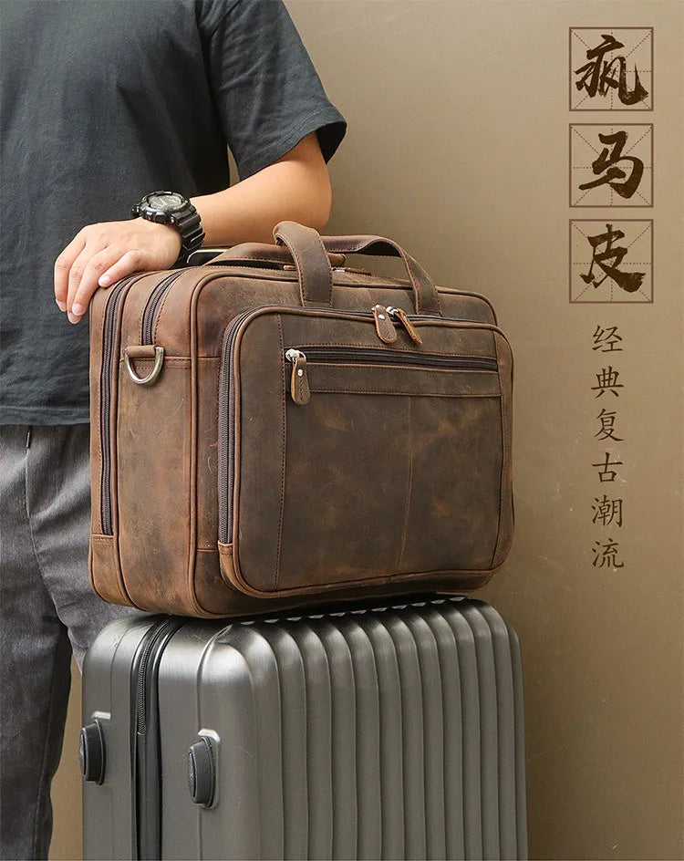High Quality Genuine Leather Men Briefcase Business bag Crazy Horse Leather Large 17