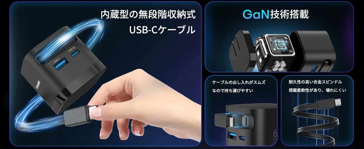 65W GaN Fast Charger with Retractable Cable, Foldable Plug, Quick Charging Block, for iPhone , Samsung , iPad, Android Phones