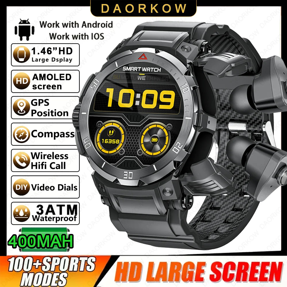 New 3 in 1 Smart Watch for Men With TWS Headset Rugged Military Bluetooth Call Fitness Tracker IP67 Waterproof for Android iOS