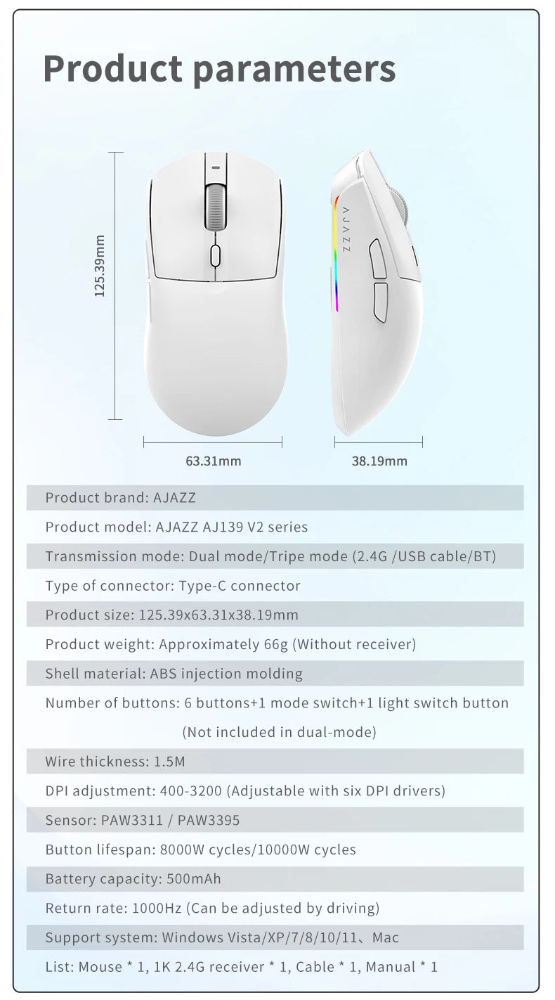 AJAZZ AJ139 V2 MC Magnetic Wireless Mouse, Ergonomic & Lightweight, for PC Gaming and Office Use, PAW3395 Sensor