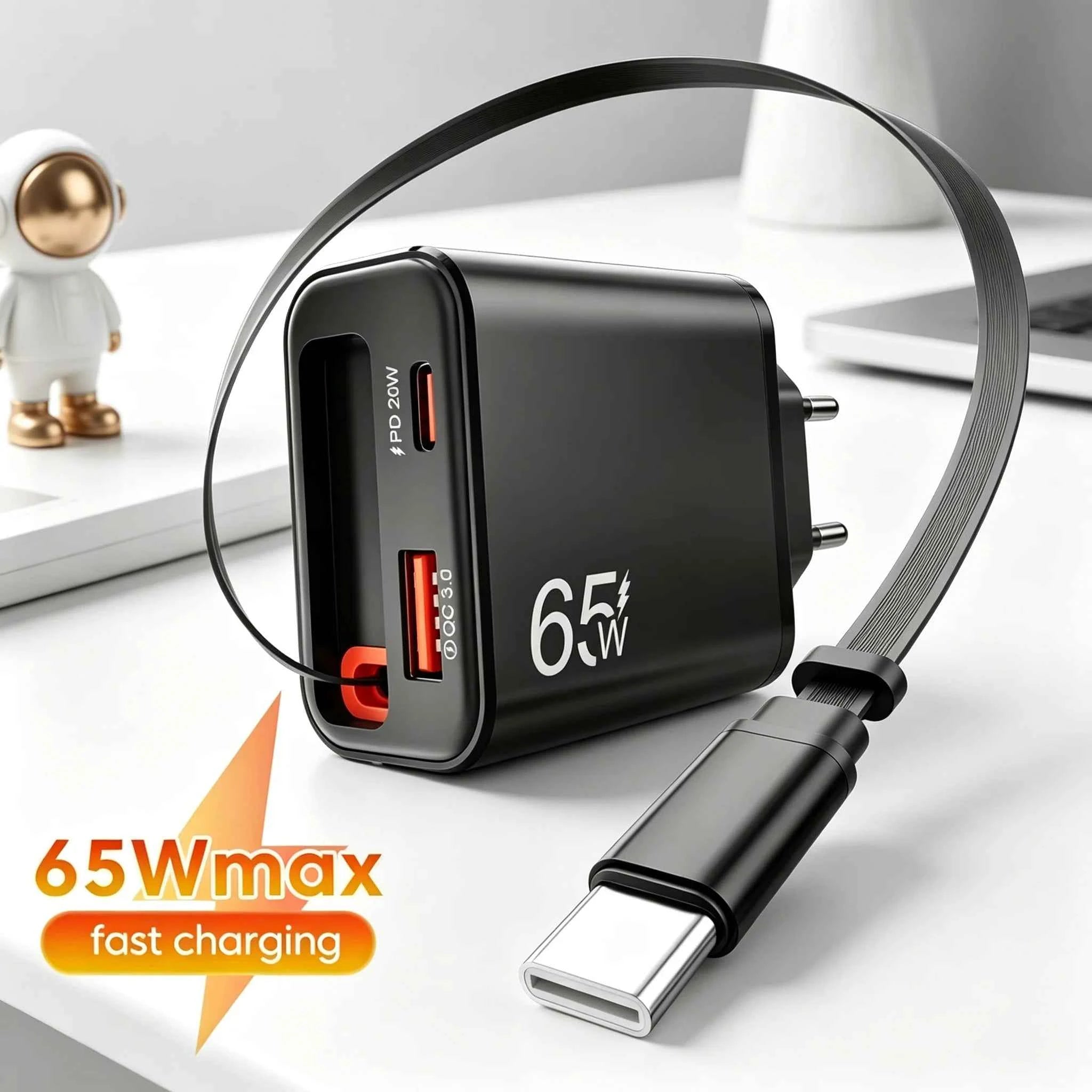 65W USB Phone Charger With Retractable Super Fast Charging Type C Cable For iPhone 17 16 POCO Xiaomi QC 3.0 USB PD Wall Charger