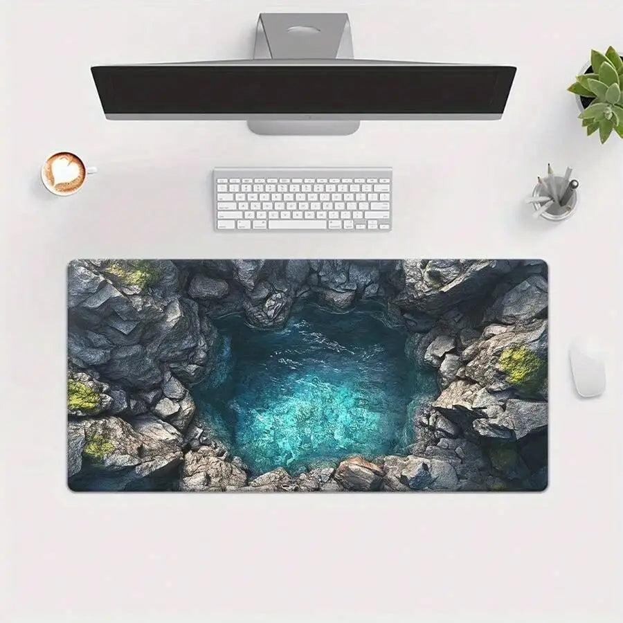 River Blue Green Stone Wall Mousepad Keyboard Gaming Accessory Office Computer Desk Mat Rubber