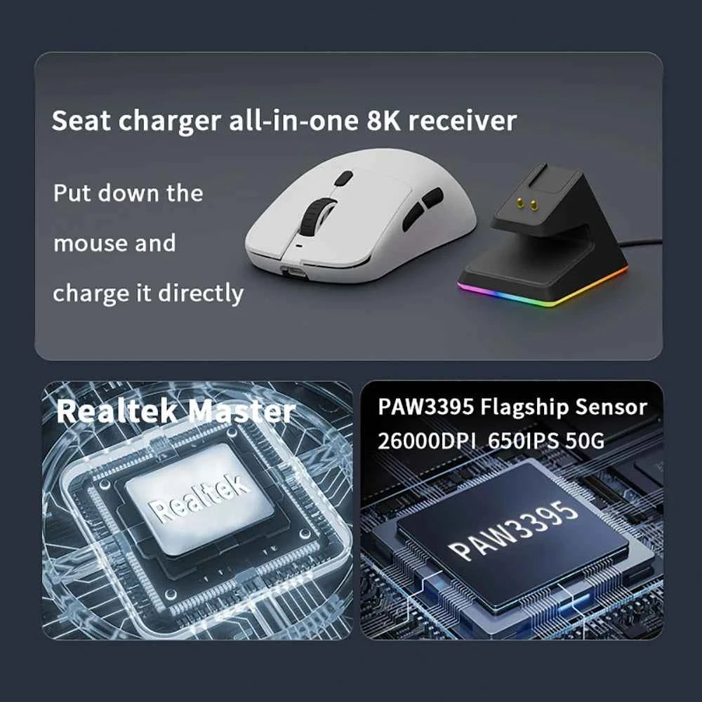 Darmoshark X5 Gaming Mouse 7Key PAW3395 Double 8K Wired Wireless 26000 DPI RGB Magnetic Charging Base Motospeed Macro Mouse