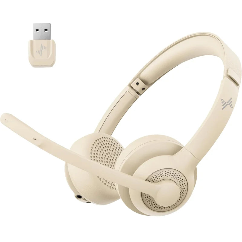 JIAMQISHI EH02P Wireless Headset with AI Noise Cancelling Microphone Headphones Bluetooth V5.2 with USB Dongle,Charging Base