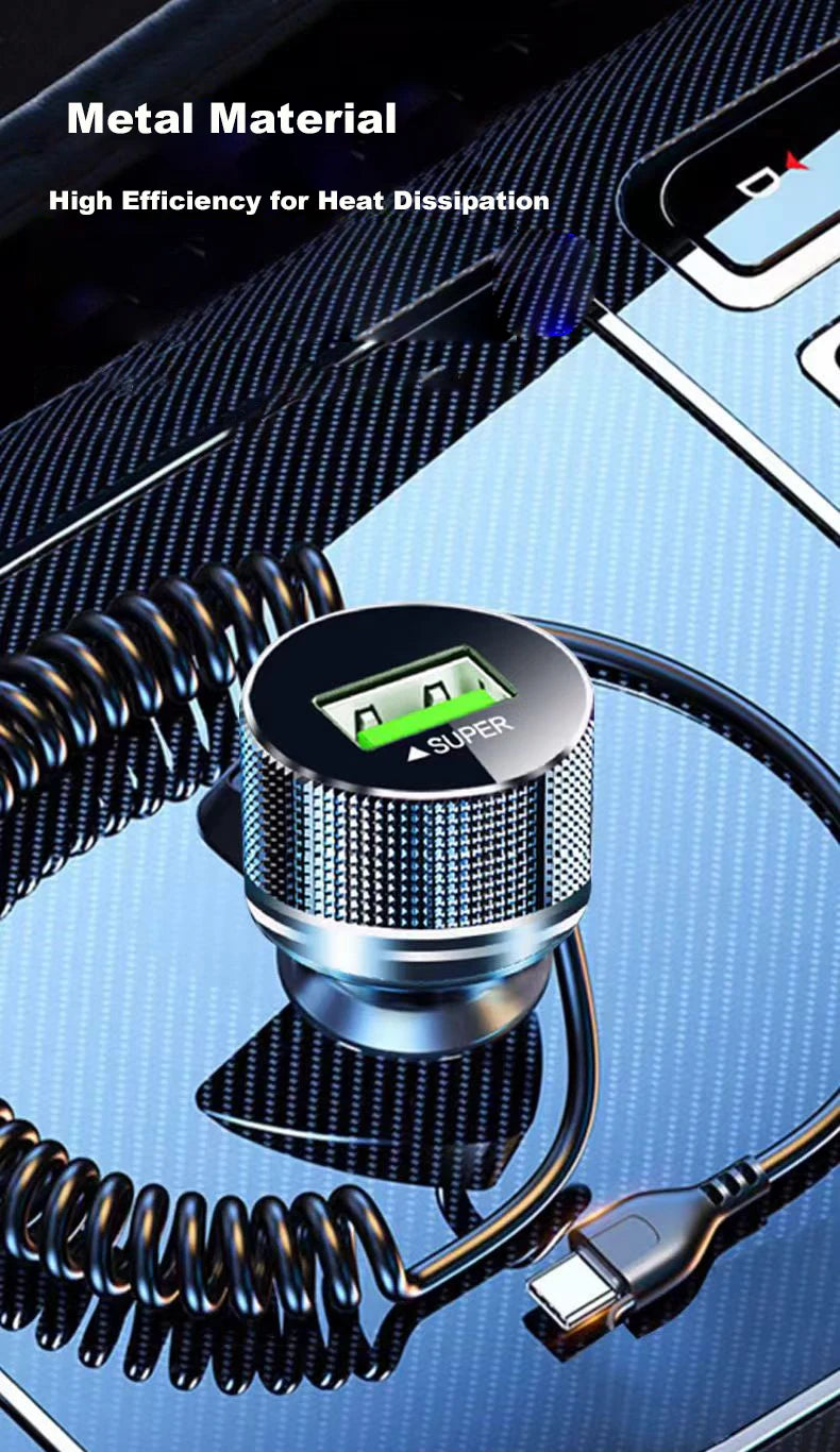EDEBA Metal USB Car Charger with Type C Cable 12V Super Fast Charging Vehicle Adapter 2 in 1 for iPhone Samsung Huawei VIVO OPPO