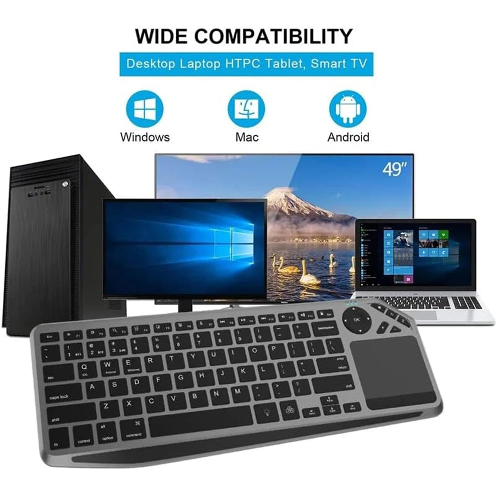 2.4G Wireless Bluetooch Dual Mode Connection TV Keyboard with Touchpad Media Control Multimedia Rechargeable Backlit Keyboard