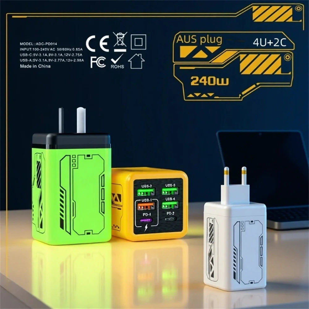 240W 6 Ports USB Charger PD Fast Charging Charger Wall Adapter for iPhone Samsung Xiaomi EU/US/UK Plug Charger Quick Charge 3.0