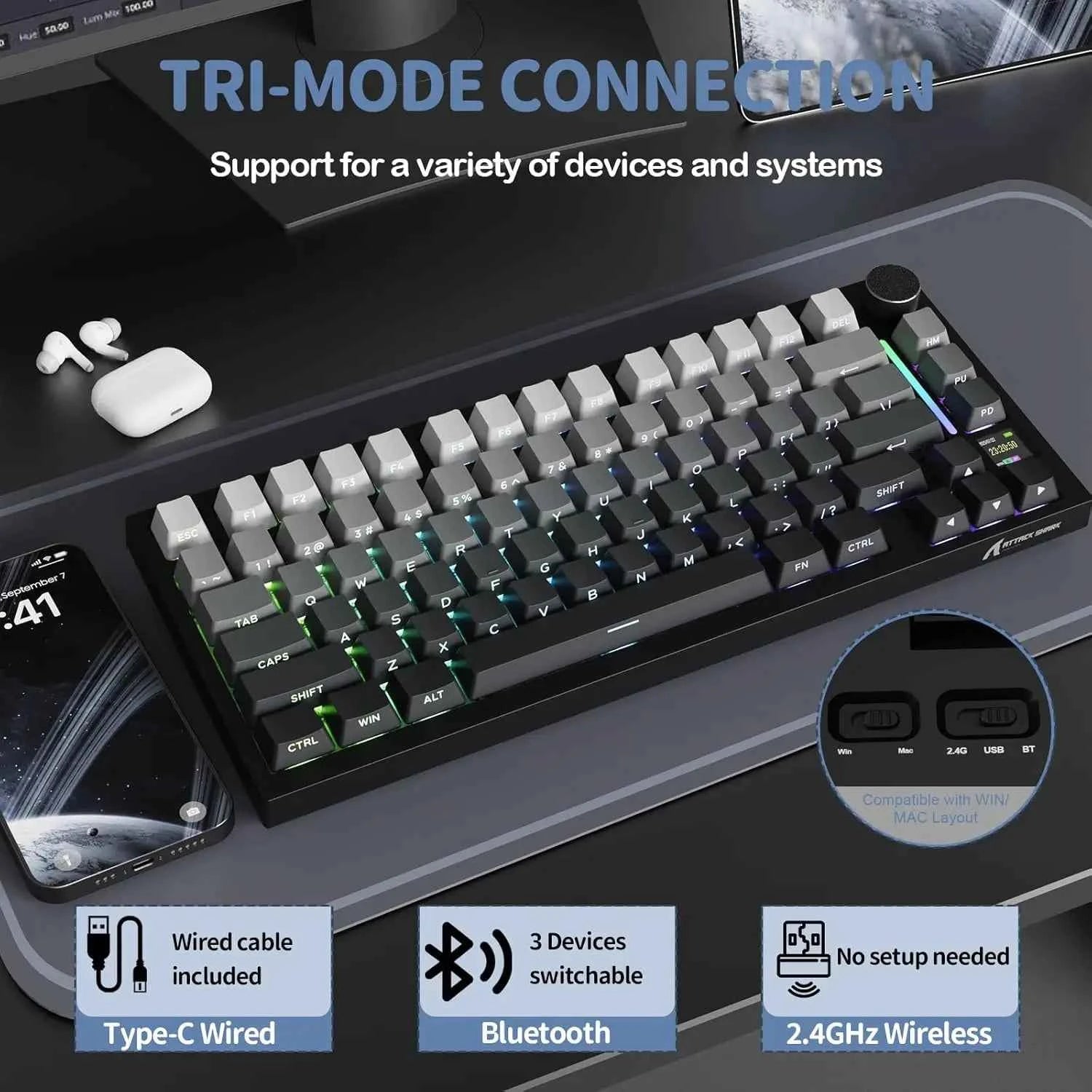 ATTACK SHARK X820 Ultra Wireless Mechanical Keyboard with TFT Smart Display & Knob, Hot Swappable, RGB South Facing LED