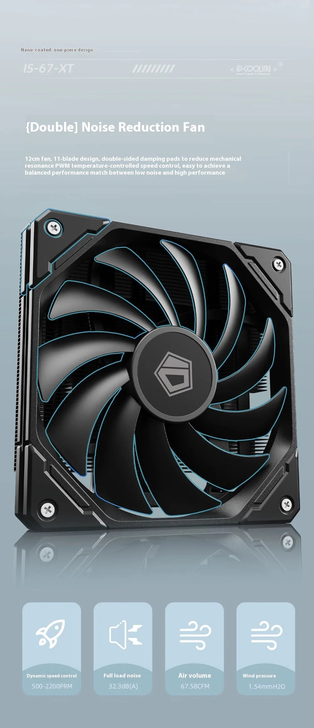 ID Cooling IS-67-XT 6 Heat pipes CPU Cooler Hydraulic Bearings Low Noise Cooling Fan Push Type Air Radiator with Thermal Paste