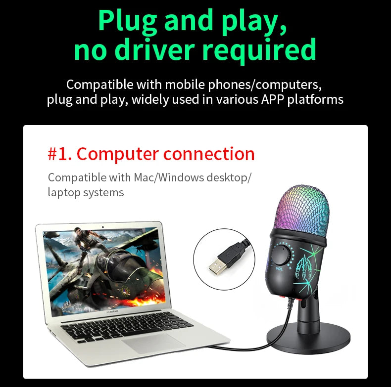 USB Microphone Play Gaming Mic for PC Mac PS4/5 Podcast Microphone with RGB Mute Monitor Noise Reduction for Recording Streaming