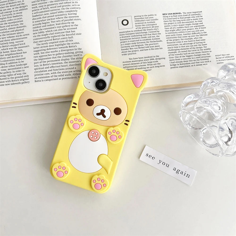 Cute Cartoon 3D Rilakkuma Phone Case For iPhone 17 16 15 14 13 12 11 Pro X XS Max XR 6 7 8 Plus 5 5S SE Key Chain Pendant Cover