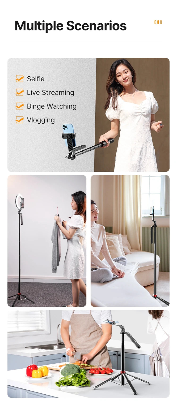 Ulanzi MA09 1.8m Selfie Stick Tripod for iPhone 17 15 Android Phone with Remote Control Panoramic Ball Head Holder U200 VL49 Kit