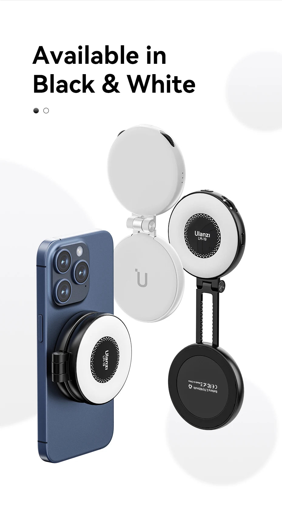 Ulanzi LM19 MagSafe Light CRI 95+ for Vlog Livestream Photograph Bi-Color Flip Fill Light Suitable for Magnetic Mobile Phones