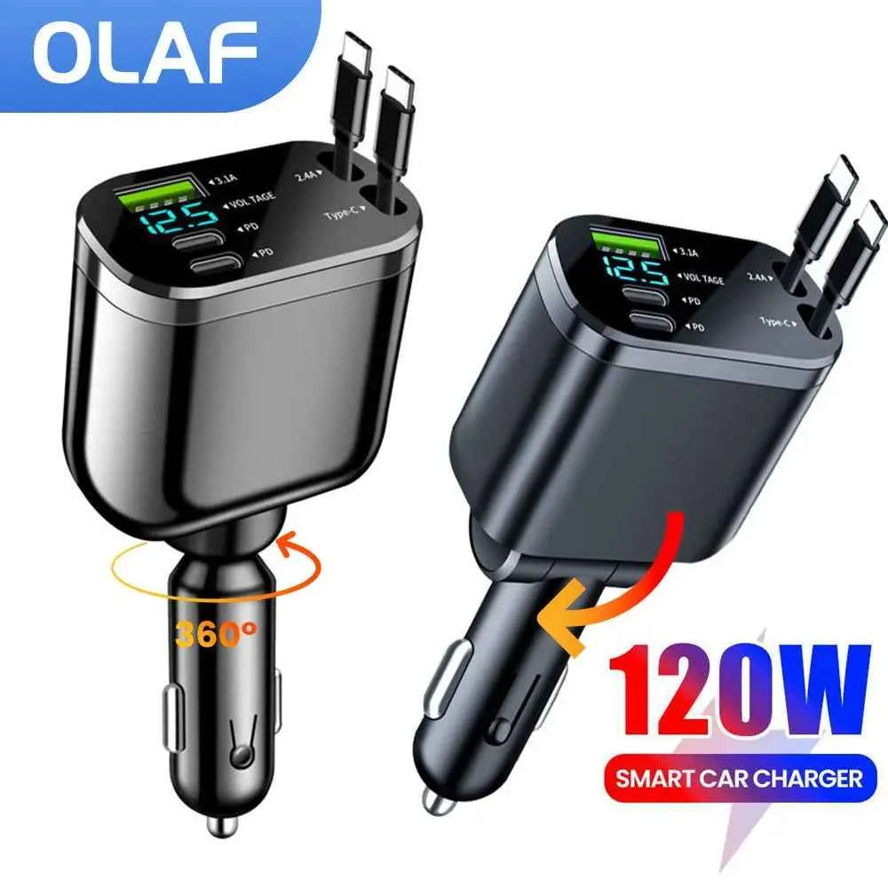 5 IN 1 Car Charger Adapter Fast Charging USB Type C Car Charger with Retractable Type C Cords For iPhone 17 16 15 Pro Samsung