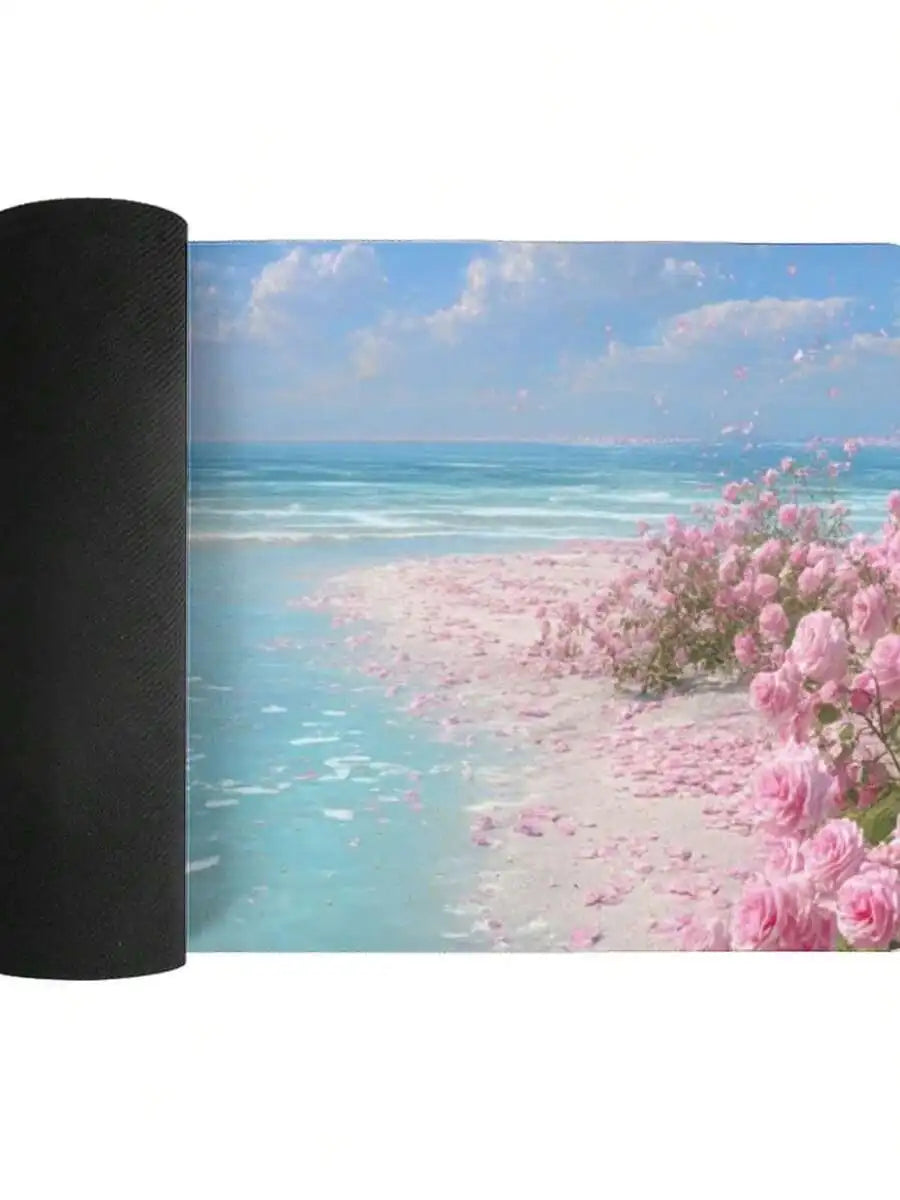 Pink Rose Beach Design Mouse Pad Anti-Slip Rubber Base Washable Gaming Desk Decor