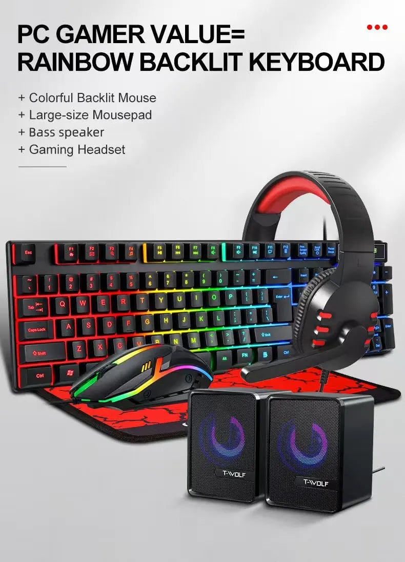T-WOLF Thunderwolf TF880 Wired Keyboard, Mouse, Headphones and Audio Five-piece E-sports Game Enjoy Super Fast Moving Speed.