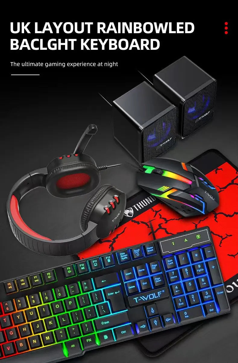 T-WOLF Thunderwolf TF880 Wired Keyboard, Mouse, Headphones and Audio Five-piece E-sports Game Enjoy Super Fast Moving Speed.
