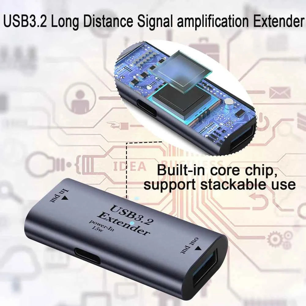USB3.2 5Gbps 10m/33ft Long-Distance Data Extender Active Signal Amplifier Adapter with 5V/3A Power in, Compact Aluminum Design