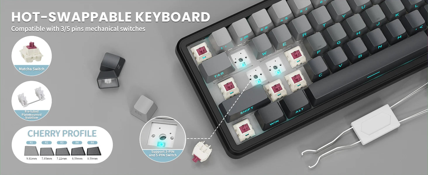 ATTACK SHARK X66 60% Wireless Mechanical Gaming Keyboard with Knob,3-Mode Gasket Hot Swappable Custom Keyboard with Coiled Cable