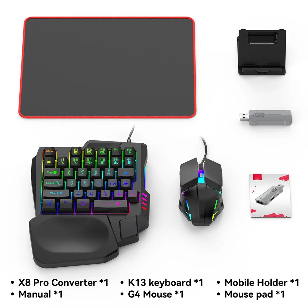 5 in 1 Mobile Game Converter Keyboard Mouse Gaming Set for PUBG Wired RGB Backlit Keyboard with Wrist Rest for Android System
