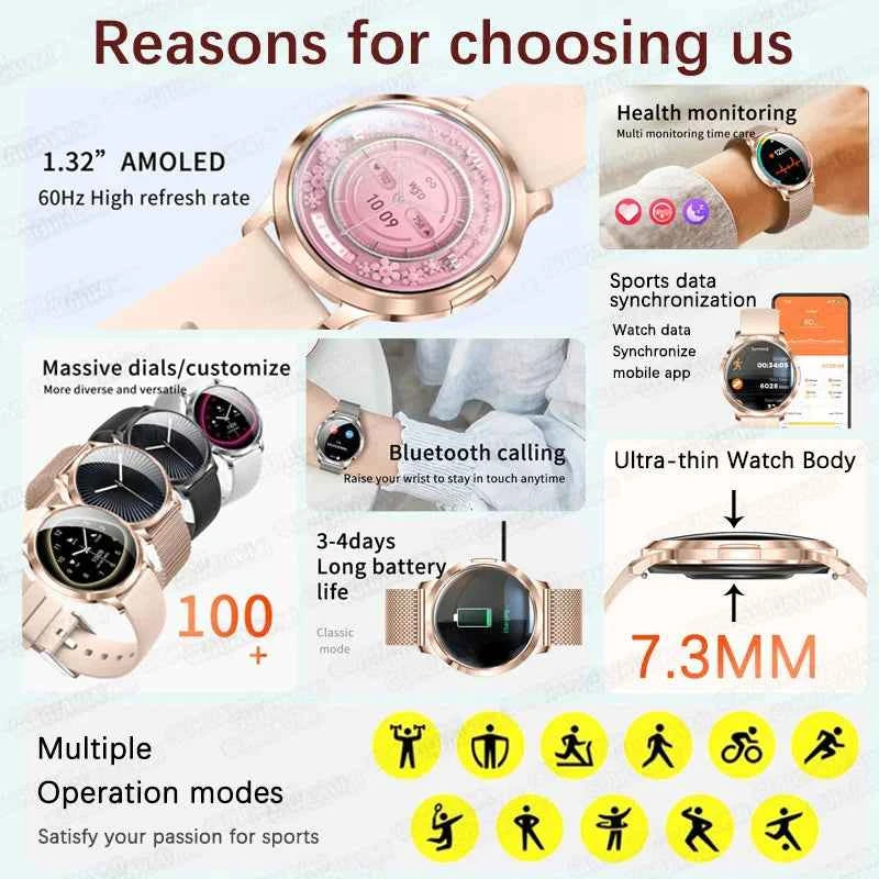 2025 New 1.32inch AMOLED Smart Watch Women GPS Trajectory Heart Rate Bluetooth Call Always Display Lady Smartwatches Men For IOS