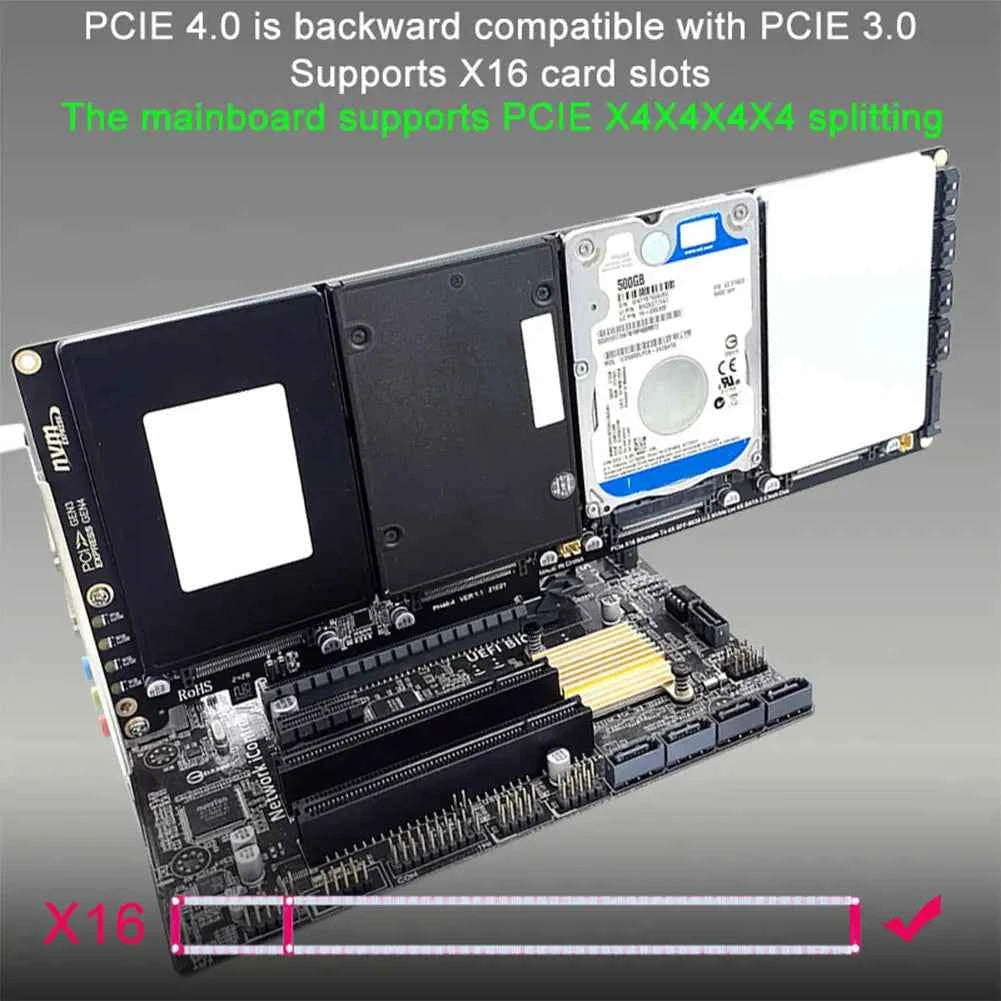 4-Port U2 NVME 2.5Inch SATA SSD Adapter Card Motherboard Support PCIe X4x4x4x4 PCIe X16 Bifurcation U.2 PCIe Adapter for PC