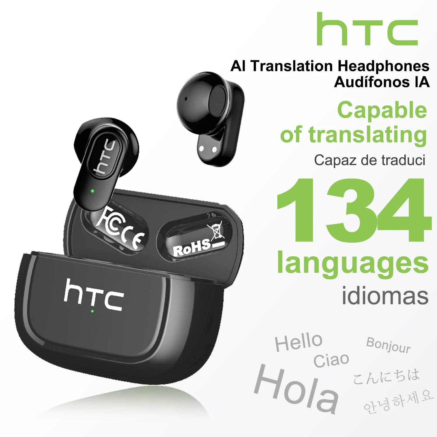 HTC NE51 Bluetooth Earphones TWS Sport Wireless Headphones Long Life with Mic In-Ear Earbuds AI Translator Earbuds