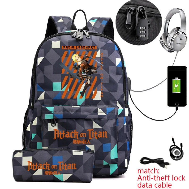 Attack on Titan Anime Print School Backpack Anti-Theft Laptop Bag for Boys Girls with Pencil Case