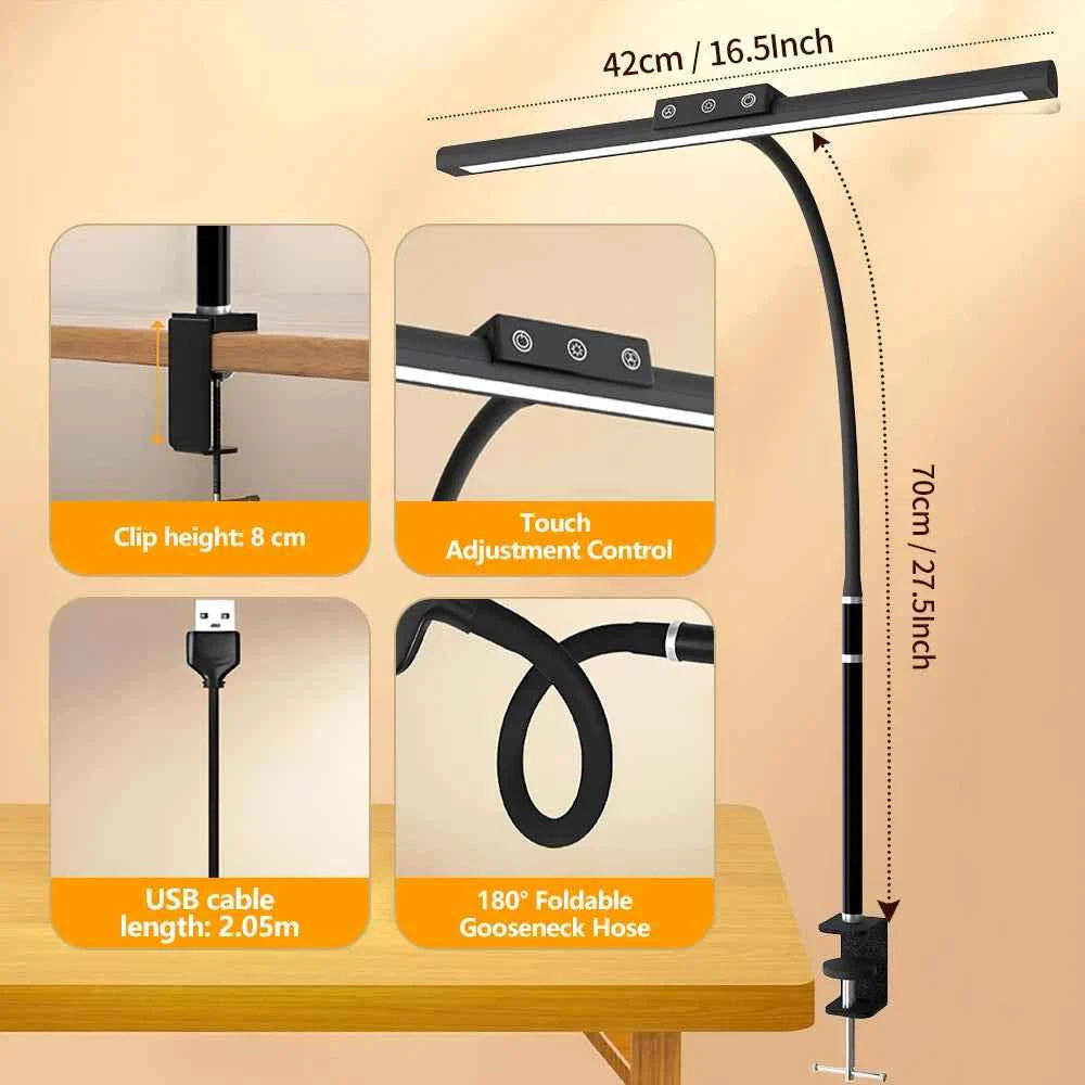 LED Clip Table Lamp with Touch Mode 3200K-6500K 5 Color Stepless Dimming Flexible Gooseneck USB Eye Caring Lamp for Office Home