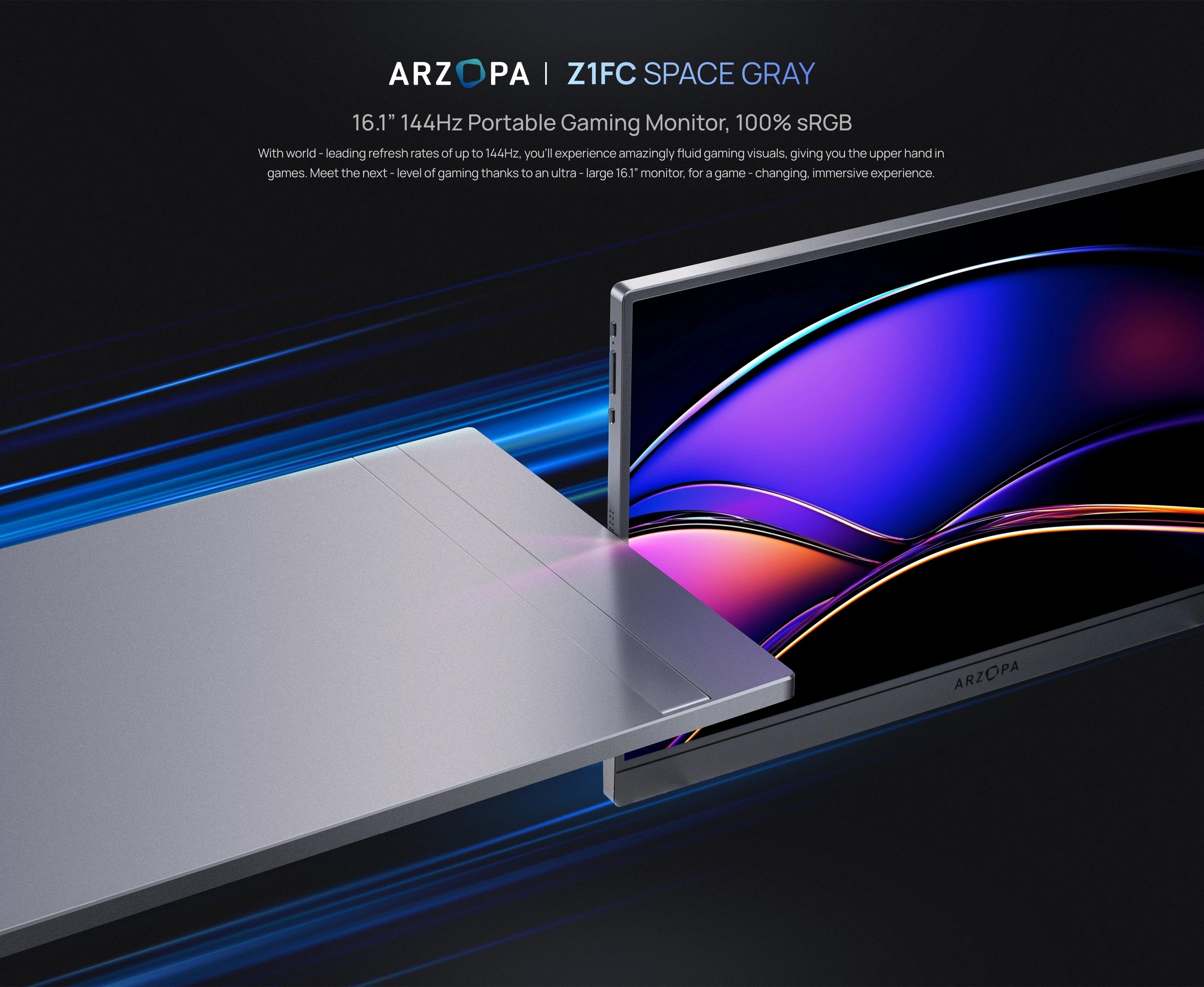【Monitor+Bag】ARZOPA 16.1 inches Grey Portable Monitor,144 hz,100%s RGB,1080P FHD External Second Screen IPS Screen,Z1FC Grey