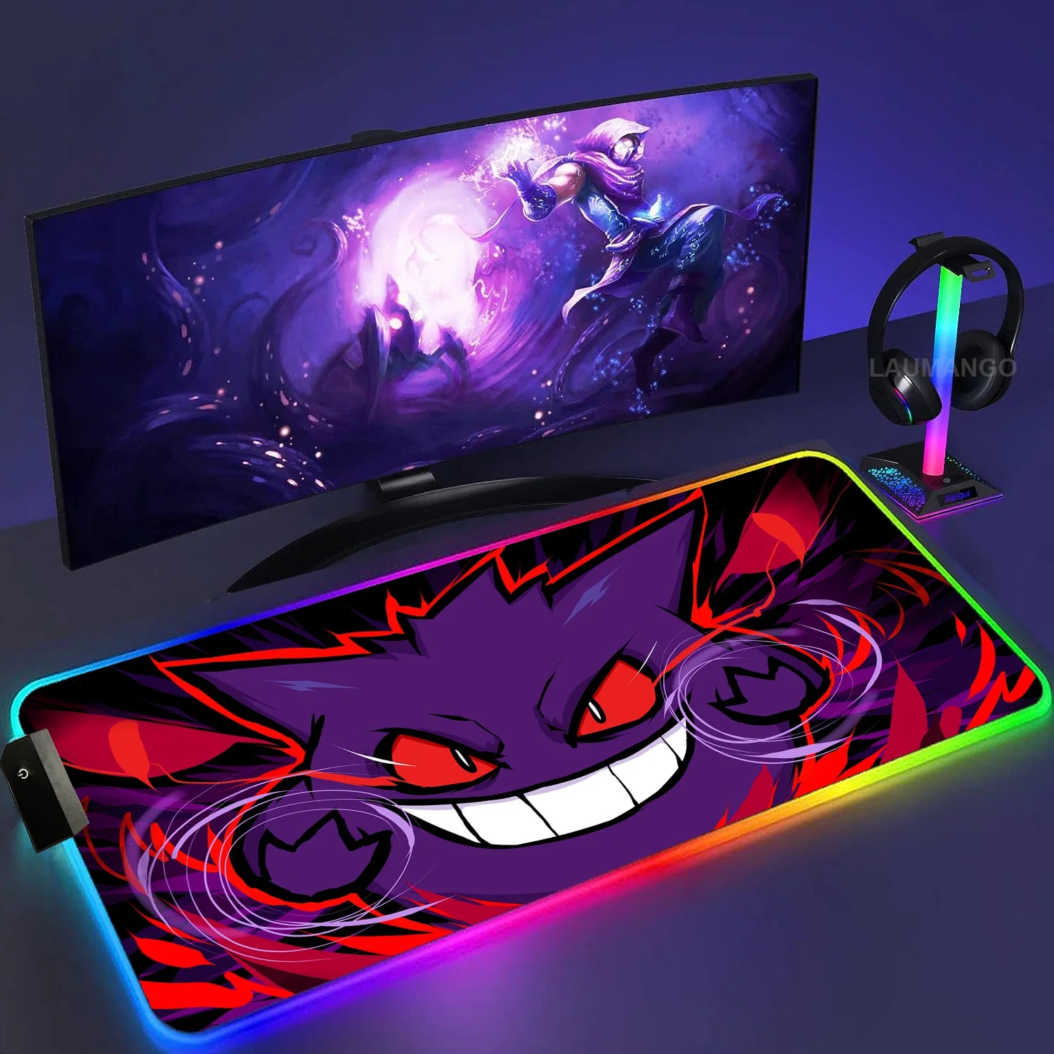 Gengar Mousepad Pokemon RGB LED Purple Mouse Pad Gaming Accessories Ghost Big Extended Keyboard Carpet PC Anime Desk Mats - WinSupport Tech