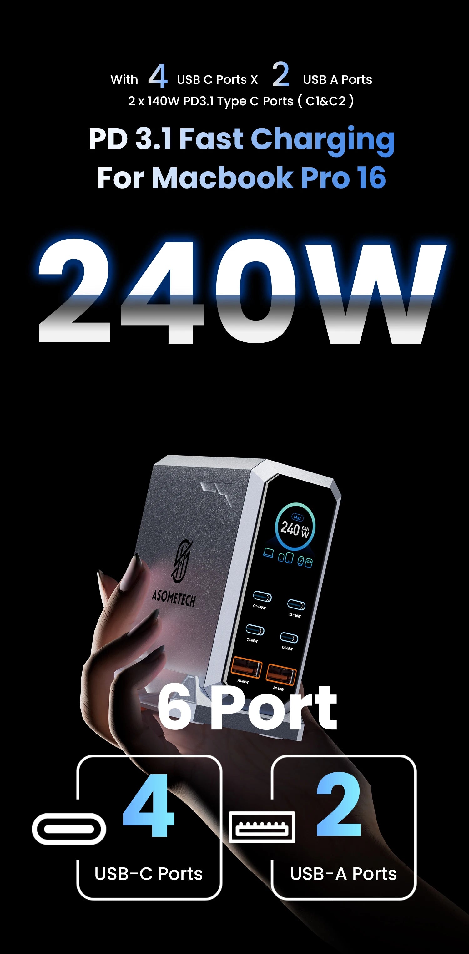 240W Digital GaN Charger PD3.1 140W USB Type C 6 Ports Desktop Fast Charging Station for IPhone Samsung Xiaomi MacBook Laptops