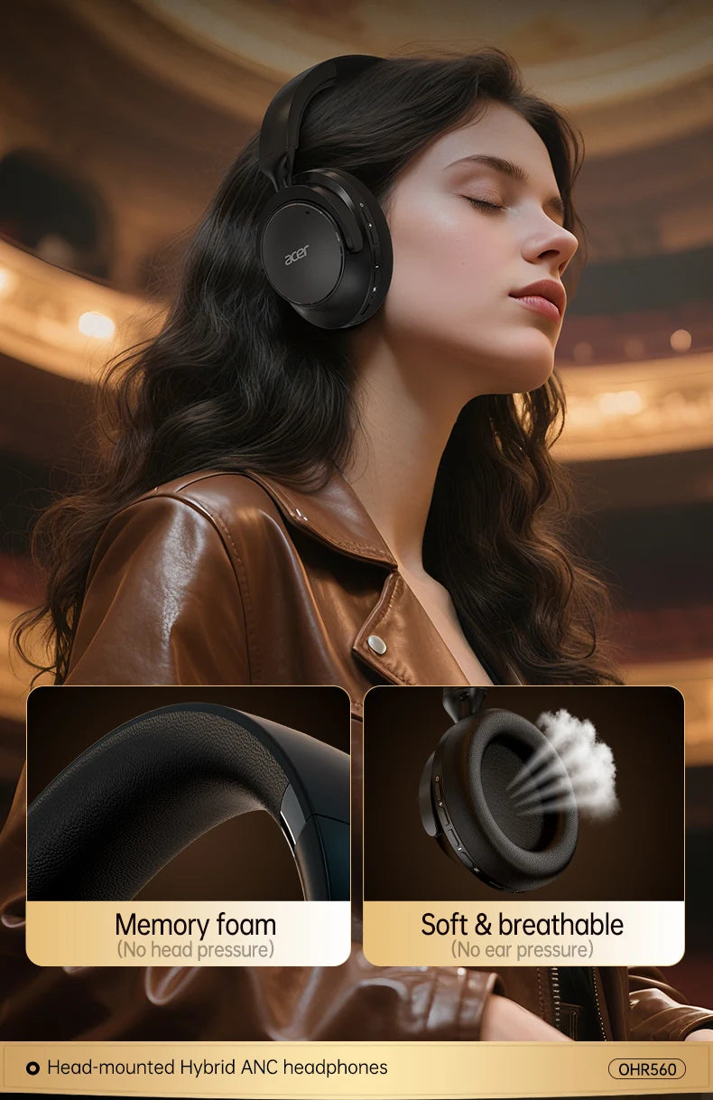 Acer Ohr560 Wireless Bluetooth Headset, Full-Ear Foldable Headphones with Built-In Microphone, Stereo Sound, Active Noise Reduction, Compatible with 3.5mm Audio Cable, Suitable for Work, Travel, and Gaming