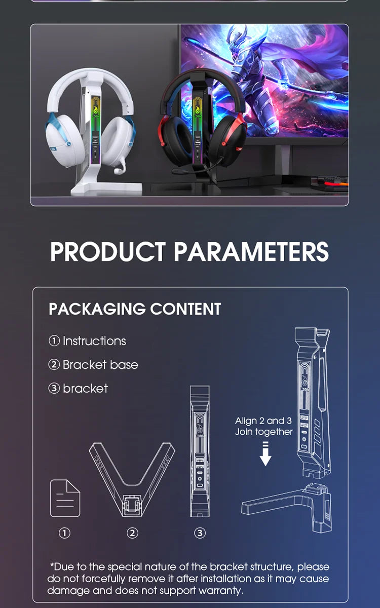 RGB Gaming Headset Stand with Sound-Activated Lights, 11 Modes LED USB Charging Dock, Headphone Holder for PC Gamer