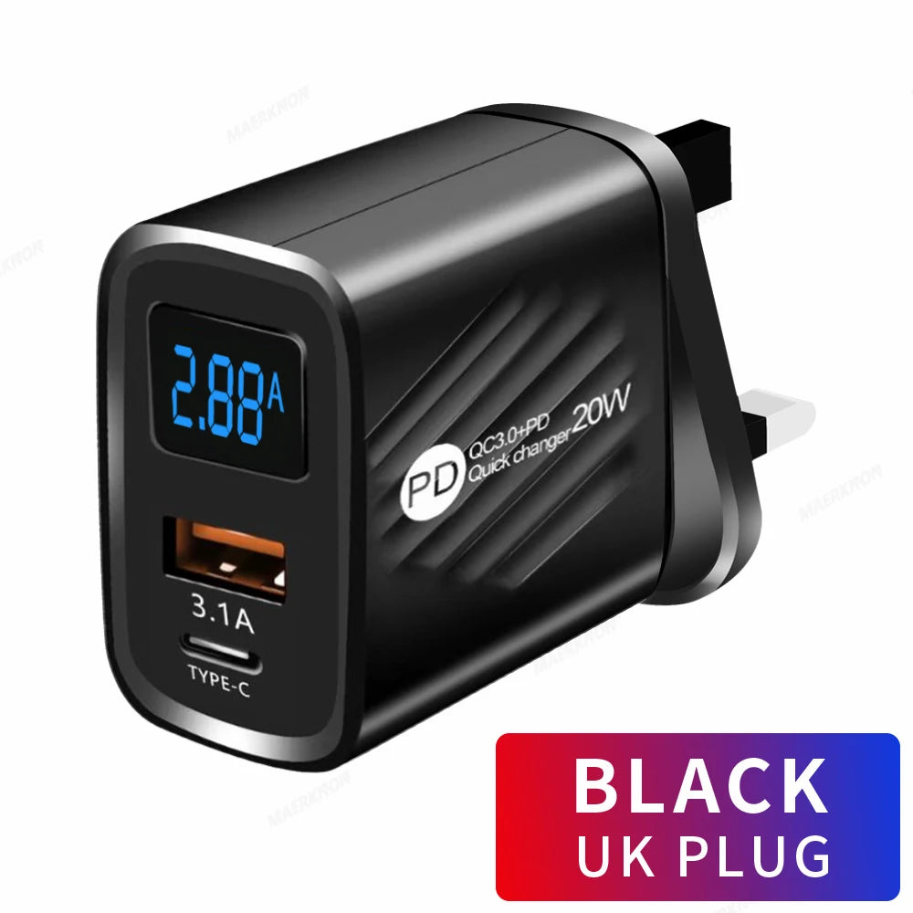 USB PD Charger 20W Fast Charging Type C Digital Display Phone Charge Adapter For iPhone Samsung Xiaomi Huawei USB C Wall Charger