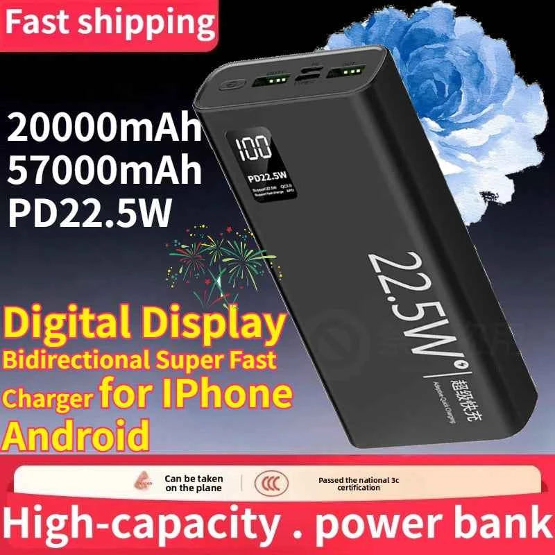 20000mAh 57000mAh Power Bank Digital Display Bidirectional Super Fast Charger External Battery for IPhone Android Fast Charging