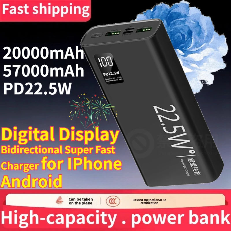 20000mAh 57000mAh Power Bank Digital Display Bidirectional Super Fast Charger External Battery for IPhone Android Fast Charging